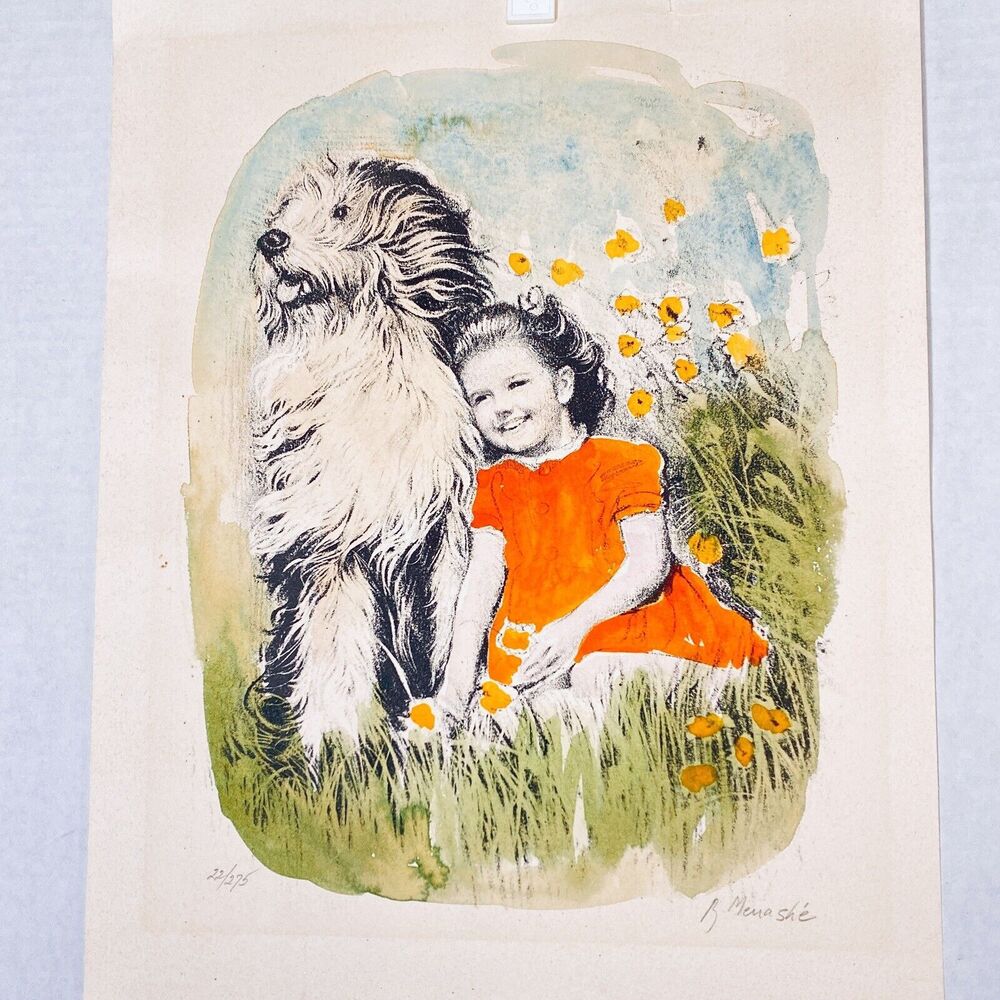 Original SIGNED R. Menasche Watercolor Lithograph Girl & Dog  22/275  Vtg 70s
